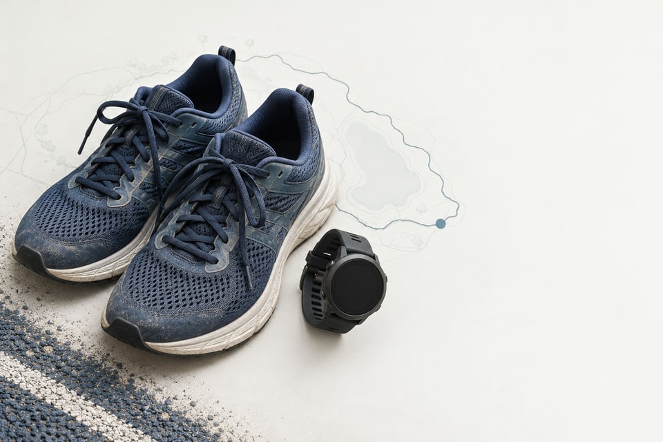 Running shoes and a watch on a faint loop-route diagram.